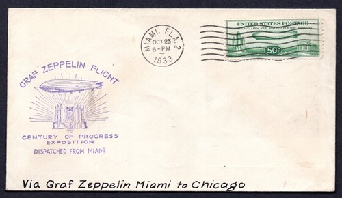 US 1933 ZEPPELIN 50c STAMP TIED MIAMI, FLORIDA CENTURY OF PROGRESS FLIGHT SEAL - Picture 1 of 2