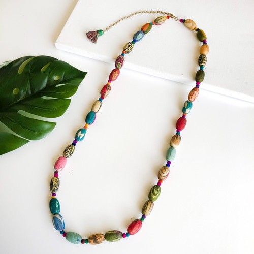 Fair Trade Long Oval Beads Necklace Upcycled Kantha Fabric Handmade Repurposed - Picture 6 of 20