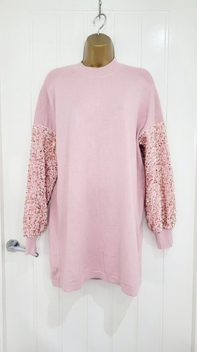 QUIZ size 12 14 16 M light pink knitted velvet sequin long sleeve jumper dress - Picture 6 of 7