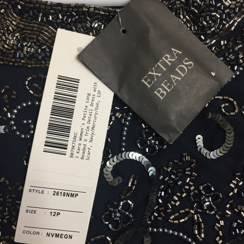 J Kara Petite Long Beaded V Trim Detail Dress With Scarf Navy Merc Gum Size 12P - Picture 3 of 5