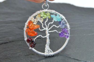 7 Chakra Lebensbaum Anhänger Halskette Kristall Stein Regenbogen Heilung Geschenk UK