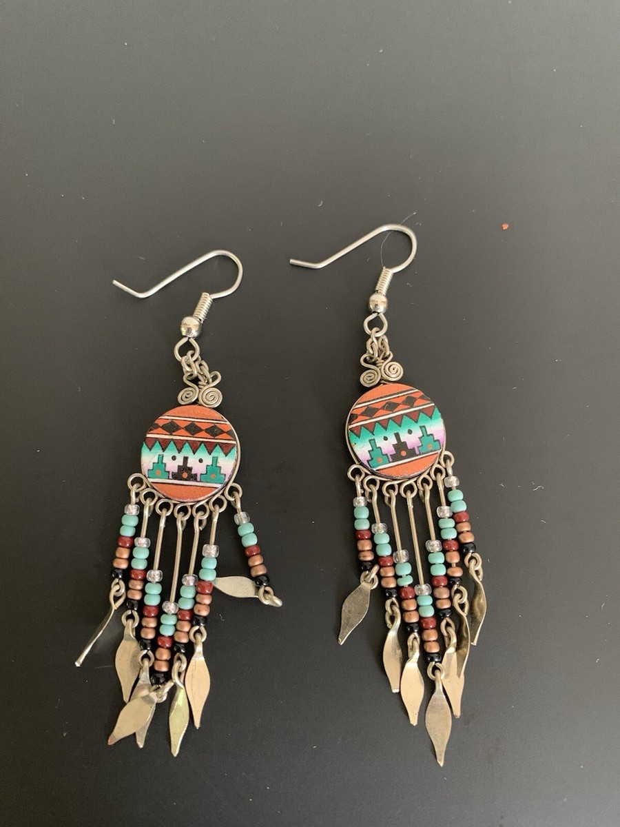 WANDERLUST Handmade Peru EARRINGS Long Native Glass Seed Bead Dangle