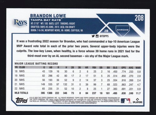 2023 Topps Chrome #208 Brandon Lowe Lot Base, Pink & Sepia Refractor (3 Karten) - Bild 5 von 7