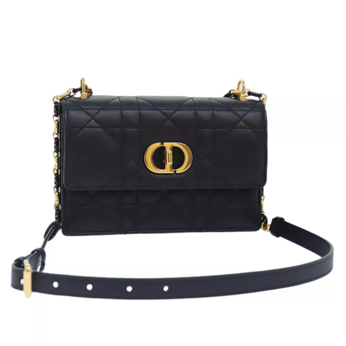 Christian Dior Miss Caro Micro Cannage Sac Peau d'agneau Noir Or Auth 89088S