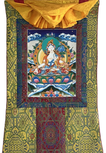 WHITE TARA MOTHER GODDESS ORIGINAL TIBETAN THANGKA PAINTING WITH SILK BROCADE - Picture 3 of 10