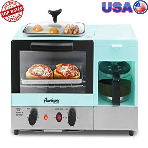 3-in-1 Breakfast Station Griddle W/ Glass Lid Coffeemaker Toaster Oven Blue New