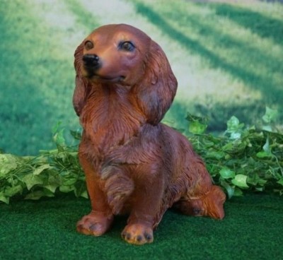 Tierfigur Hund Langhaardackel Dekofigur Skulptur Gartenfigur Dackel Teckel Haus