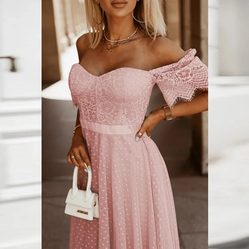 Ladies Lace Midi Dress Evening Dress Formal Women Party Dress A Line Prom Dress - Picture 4 of 20