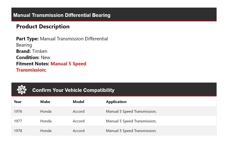 Подшипник дифференциала механической коробки передач для Honda Accord 1976-1978 годов выпуска Timken 1977 - Изображение 2 из 4