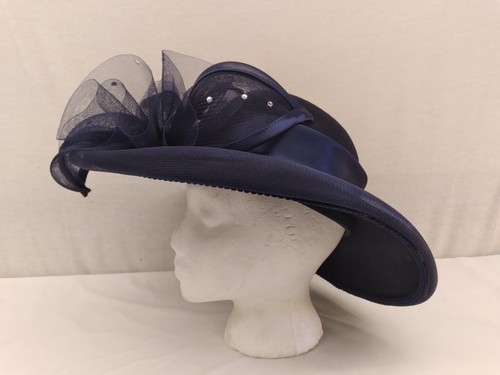 MR HI'S LADIES NAVY BLUE VELVET WOOL FELT WIDE BRIM FORMAL DRESS CHURCH HAT WITH - Picture 5 of 20
