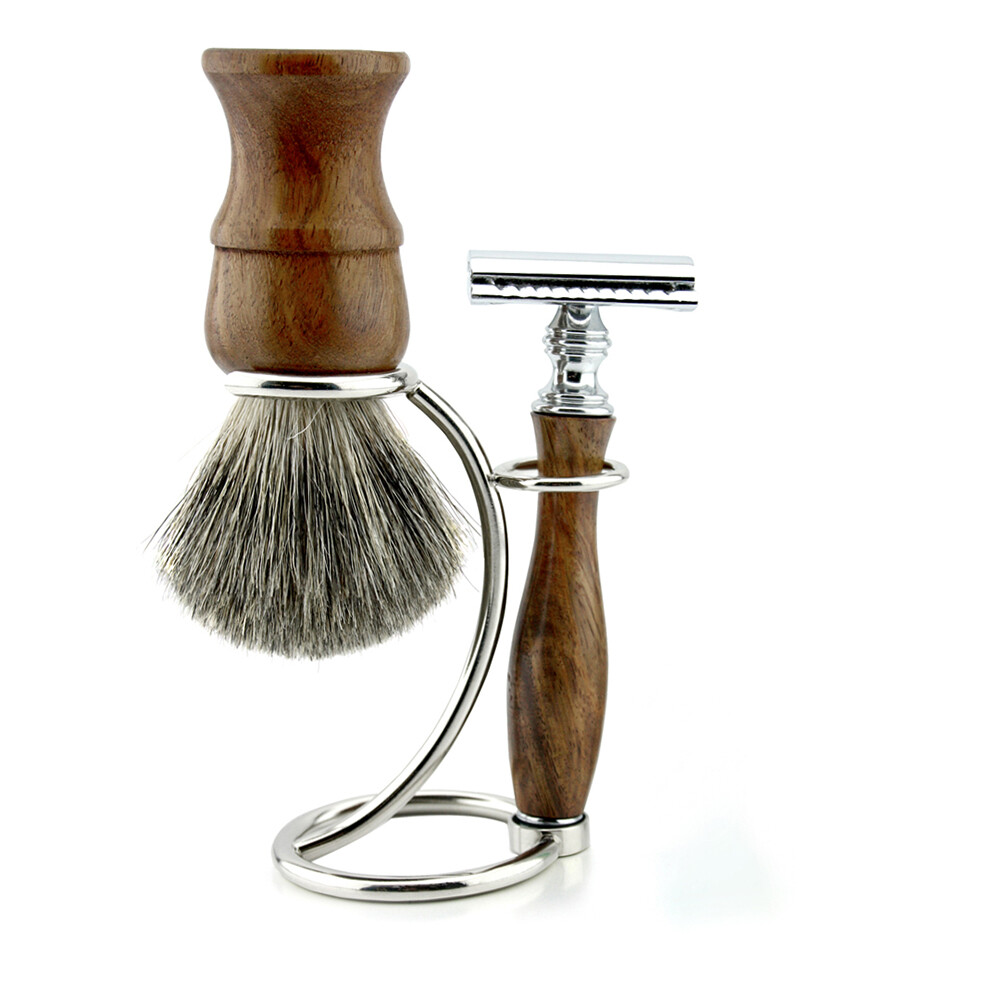 Wooden Set Super Badger Brush with Steel Stand and Double Edged Safety Razor Kit eBay