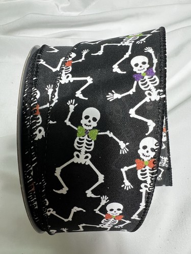 10 Yards 2.5 Inch Wired Ribbon Black Green Orange Purple Skeleton Halloween Fall - Picture 1 of 1