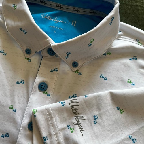 Walter Hagen Golf Polo Shirt Mens L White Blue Golf Cart Novelty Print 11 Majors - Picture 1 of 8