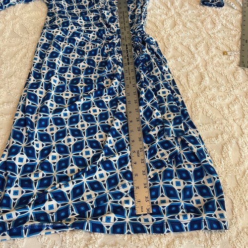 MAGGY LONDON Women Dress 10 Wrap around White Blue Print Polyester Spandex VTG - Picture 8 of 14