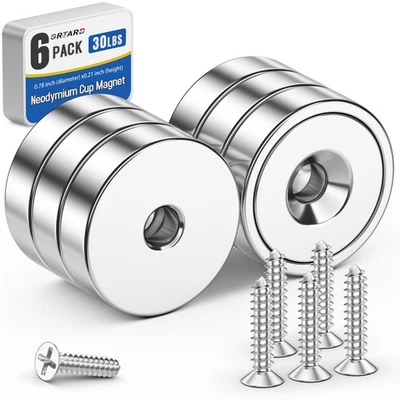 GRT 4-8pcs Neodymium Magnets N52 Strong 60LBS Round Base Disc Countersunk W/ Screws