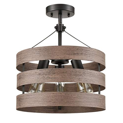 Farmhouse Semi Flush Mount Metal Drum Shade Wood Finish 3-Light Ceiling Light - Picture 5 of 7
