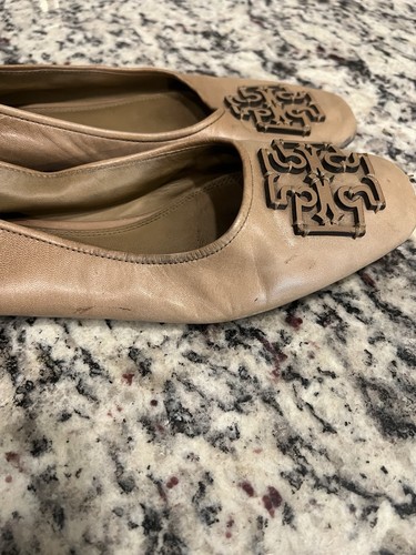 Tory Burch Ines Ballet Flat Leather Size 8 Square Toe Logo Tan Almond Rare - Picture 6 of 9