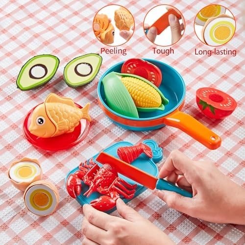 46Pc Kids Play Kitchen Set with Toy Food, Pizza, Fruit, Veggies, Pots & Pans - Picture 4 of 6
