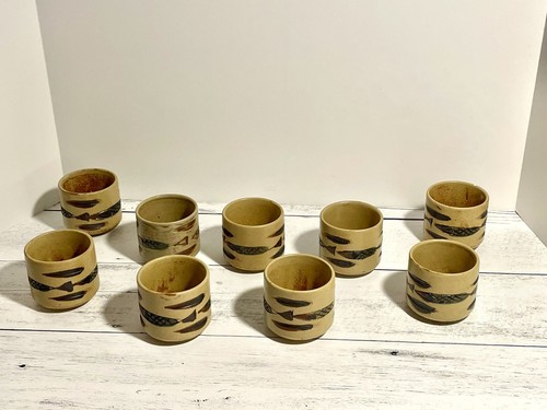 Japanese Yunomi Tea Cup Set of 2/ Swimming Fish Hand Painted Stoneware Pottery - Picture 11 of 11