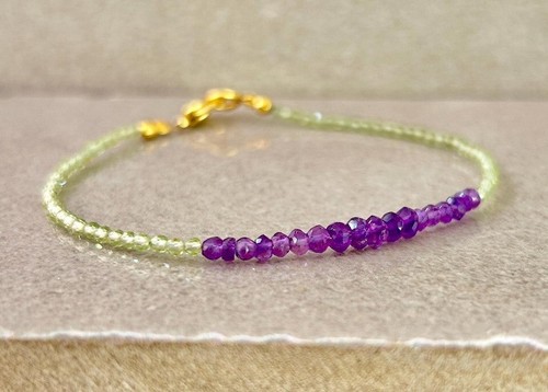 Purple Amethyst & Peridot 2 Gemstone Beaded Crown & Heart Chakra Bracelets 6-8" - Picture 3 of 9