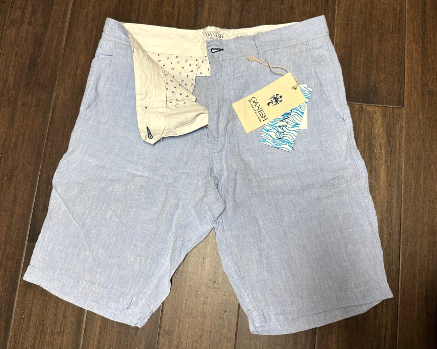 Ganesh Men’s Linen Bermuda Shorts Regular Fit Size 33 Light Blue NWT