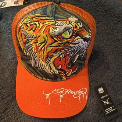 Ed Hardy Tiger Orange Olive Trucker Hat One Size Adjustable Mesh Back