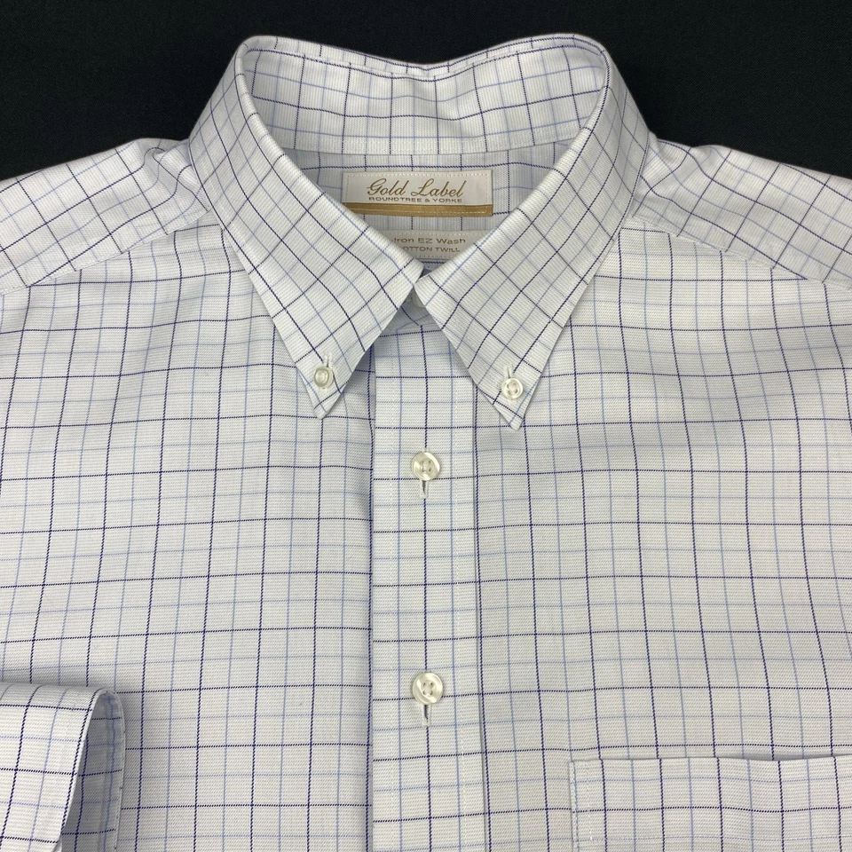 Roundtree & Yorke Gold Label Dress Shirt Men's 16-33 White w/Blue Checks Twill - Image 2 of 4