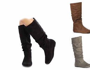 Women-039-s-Casual-Comfort-Mid-Calf-Knee-High-Round-Toe-Slouch-Flat-Heel-Boot-Shoes