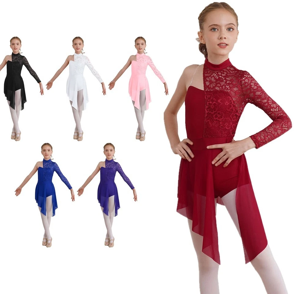 Girl's Kids Single Long Sleeve Lace Lyrical Dance Dress Ballroom Contemporary UK - Image 3 of 4