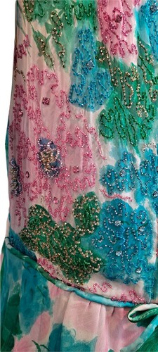 1960s Beaded Silk Chiffon Dress Floral Watercolor Print - Picture 9 of 12