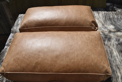 Genuine Brown Leather Pillow Sofa Cushion Down Filled Set of 2 26"x13"