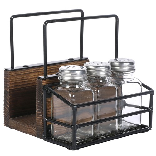 Serviettenhalter Tischplatte braun Holz und schwarz Metall mit 3 Salz- und Pfefferstreuern - Bild 5 von 7
