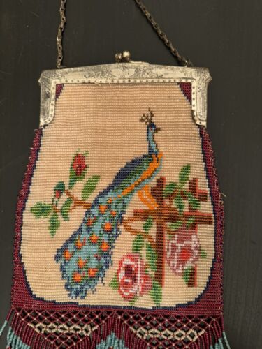 Antique Silver Plated Beaded Peacock Purse Bag - Picture 2 of 10