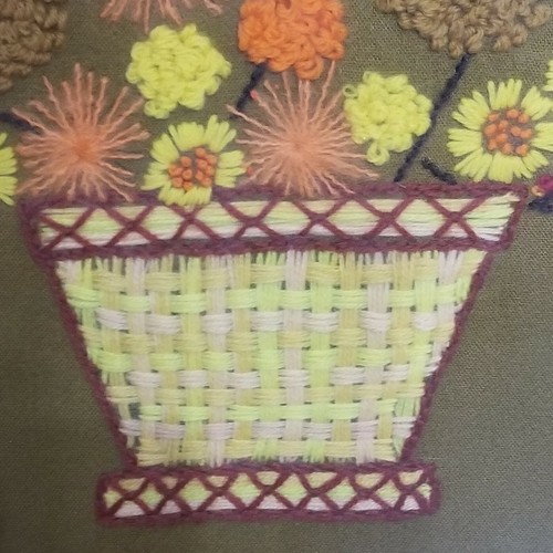 Vtg Crewel Embroidery Hand Stitched Fall Arrangement Basket Framed Flowers Decor - Picture 11 of 11