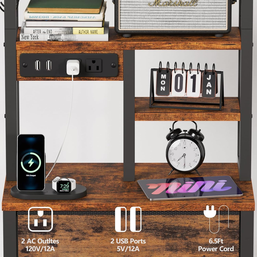Tall Night Stand with 3 Fabric Drawers and LED Lights, Nightstand with Bookshelf - Picture 7 of 12