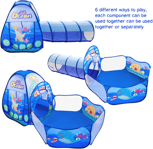3 in 1 Kids Play Tent with Tunnel, Ball Pit, Basketball Hoop for Boys & Girls, T - Picture 3 of 7