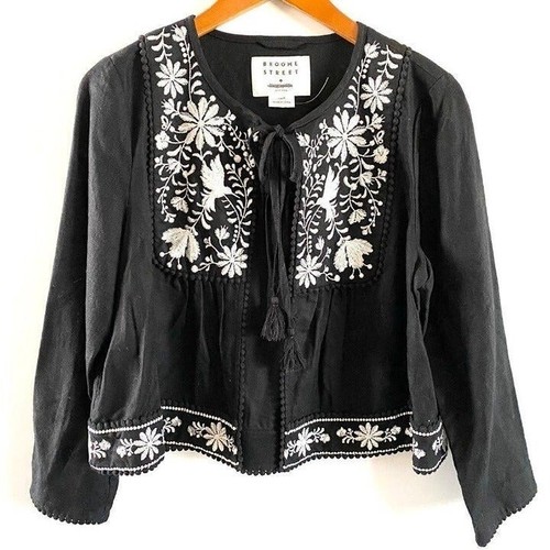 Kate Spade Mexican Floral Linen Embroidered Tassel Tie Jacket Black Gr. M Bolero