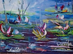 Original Water Lilies Impressionistic Palette Knife Oil Painting