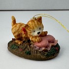 Vintage Tabby Cat Love Miniature Figurine Ornament Orange Cat with Pink Heart