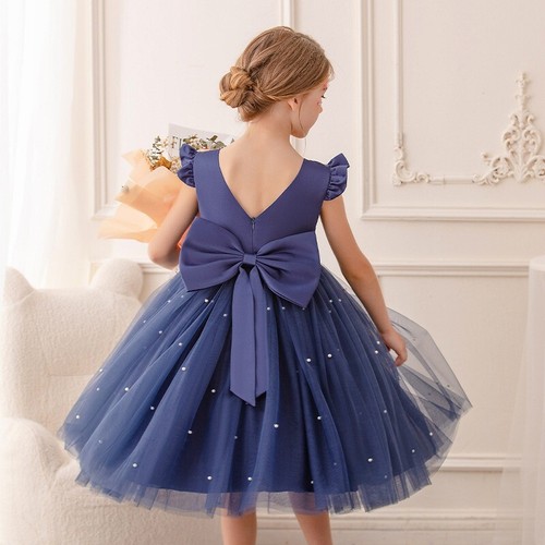 Kids Girl Flower Bridesmaid Pearl Bow Princess Dress Party Fancy Wedding Dresses - Picture 41 of 45