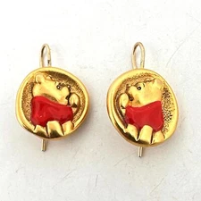 Vintage Disney Pondering Winnie the Pooh Dangle Earrings Enamel Gold Tone
