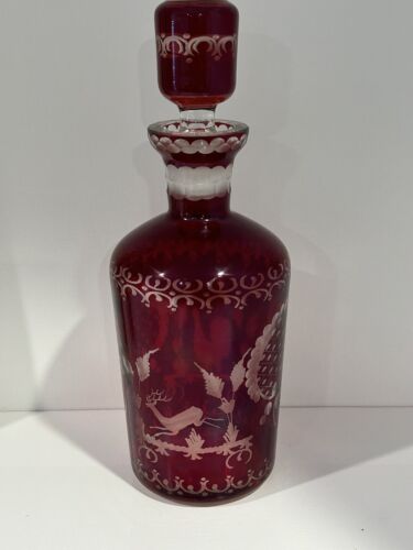 Antique/vintage Glass Ruby Red cut to clear Crystal Glass Decanter And Glass - Picture 2 of 12