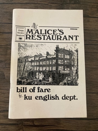 Malice's Restaurant Bill of Fare Cookbook By KU English Dept Kentucky University - 第 1/10 張圖片