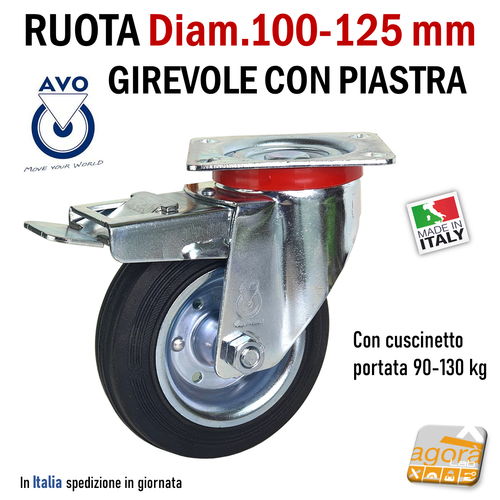RUOTE X CARRELLI RUOTA GOMMA D125 D100 D80 NERA GIREVOLE PIASTRA PERNO AVO FRENO - Foto 27 di 53