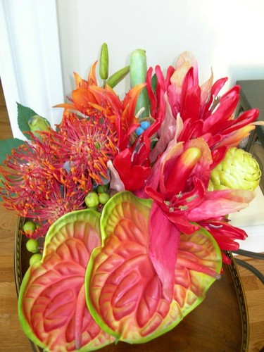 NDI Faux Floral Natural Dec. Ginger Orange Orchid & Protea Ceramic Red Vase - Picture 3 of 11