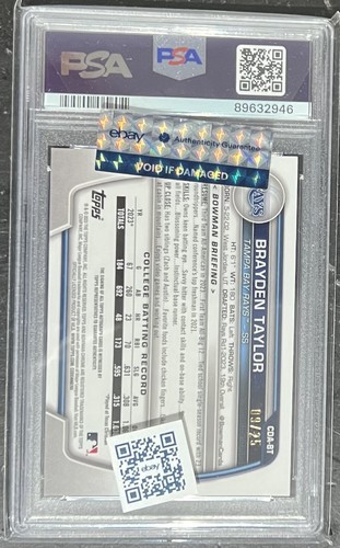 2023 Bowman Draft Sapphire Brayden Taylor Orange Auto 9/25 PSA 10 - Picture 2 of 2