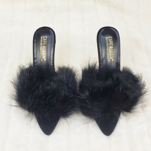 Fuji pelzige spitze Zehenpartie Slipper 4,5" goldfarbene schmale Absätze schwarz - Bild 12 von 12