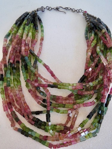 Multi-Strang Rosa, Grün & Wassermelone Turmalin Perlen Twist HALSKETTE 15,75" L - Bild 3 von 12