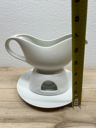 Le Regalo White Porcelain Gravy Boat Warming Stand Saucer 3 Piece Serving Set - Picture 13 of 16