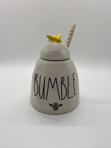 Rae-Dunn-by-MAGENTA-039-BUMBLE-Honey-Pot-Ceramic-Ivory-Yellow-Bee-Wood-Dipper
